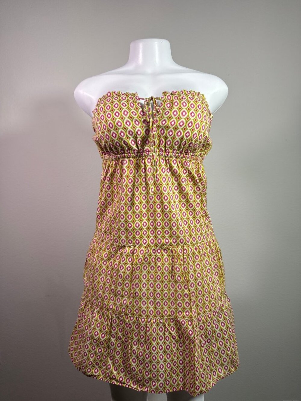 BANANA REPUBLIC dress strapless geometric print tiered green pink S